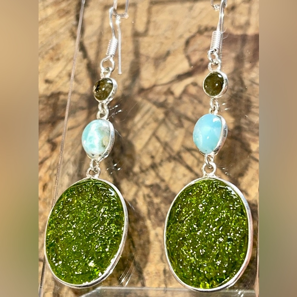Labradorite & Caribbean Larimar Earrings 2 1/2” - Picture 2 of 10